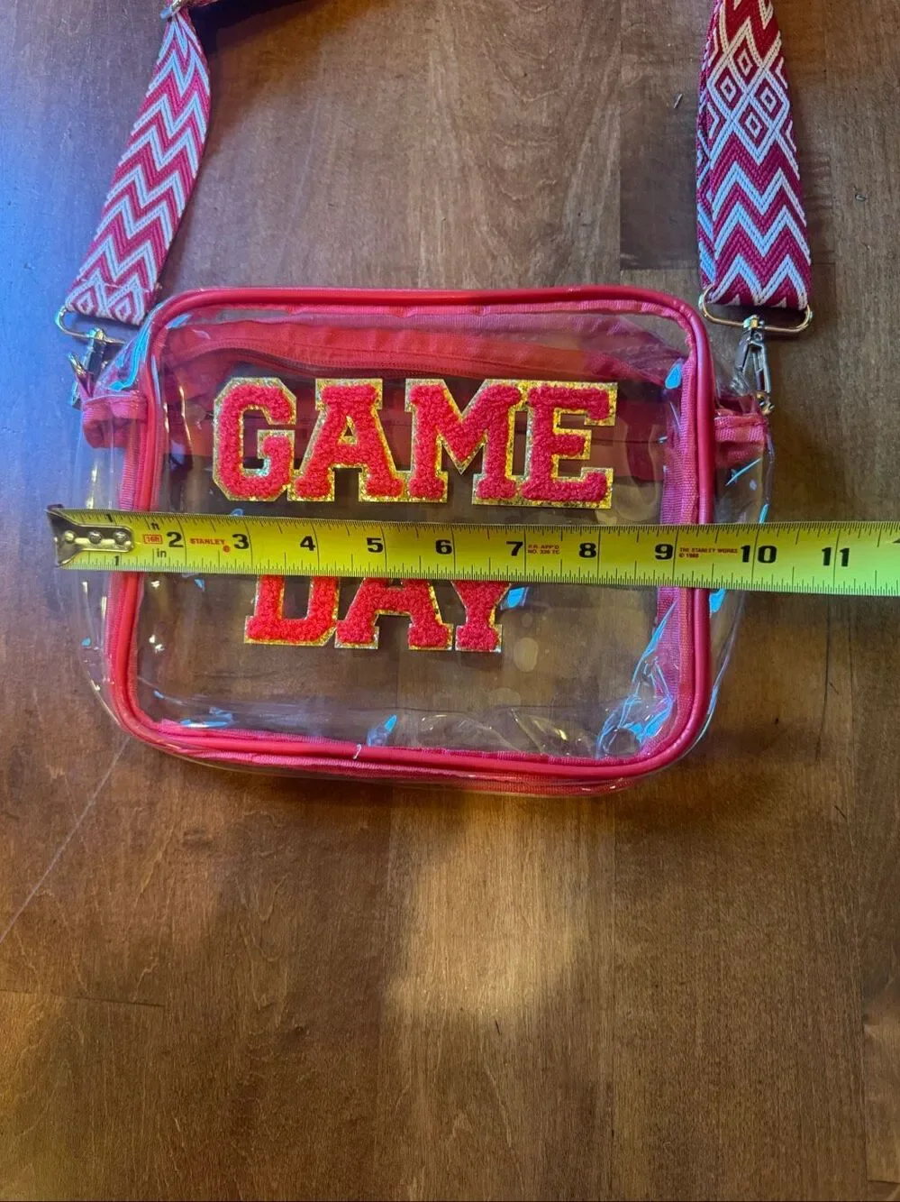 Game Day Clear Stadium Crossbody Bag Red White Chenille Adjustable Strap NEW